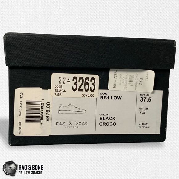 RAG AND BONE RB1 LOW PLATFORM SNEAKERS BLACK CROCODILE EMBOSSED LEATHER SIZE 7.5 - Picture 14 of 16